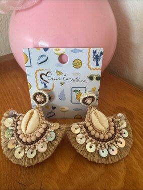 True Love Beige Shell Fringe Statement Earrings